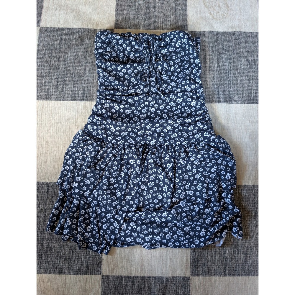 Hollister Navy Blue‎ White Floral Strapless Skort Romper Dress Ruched Small